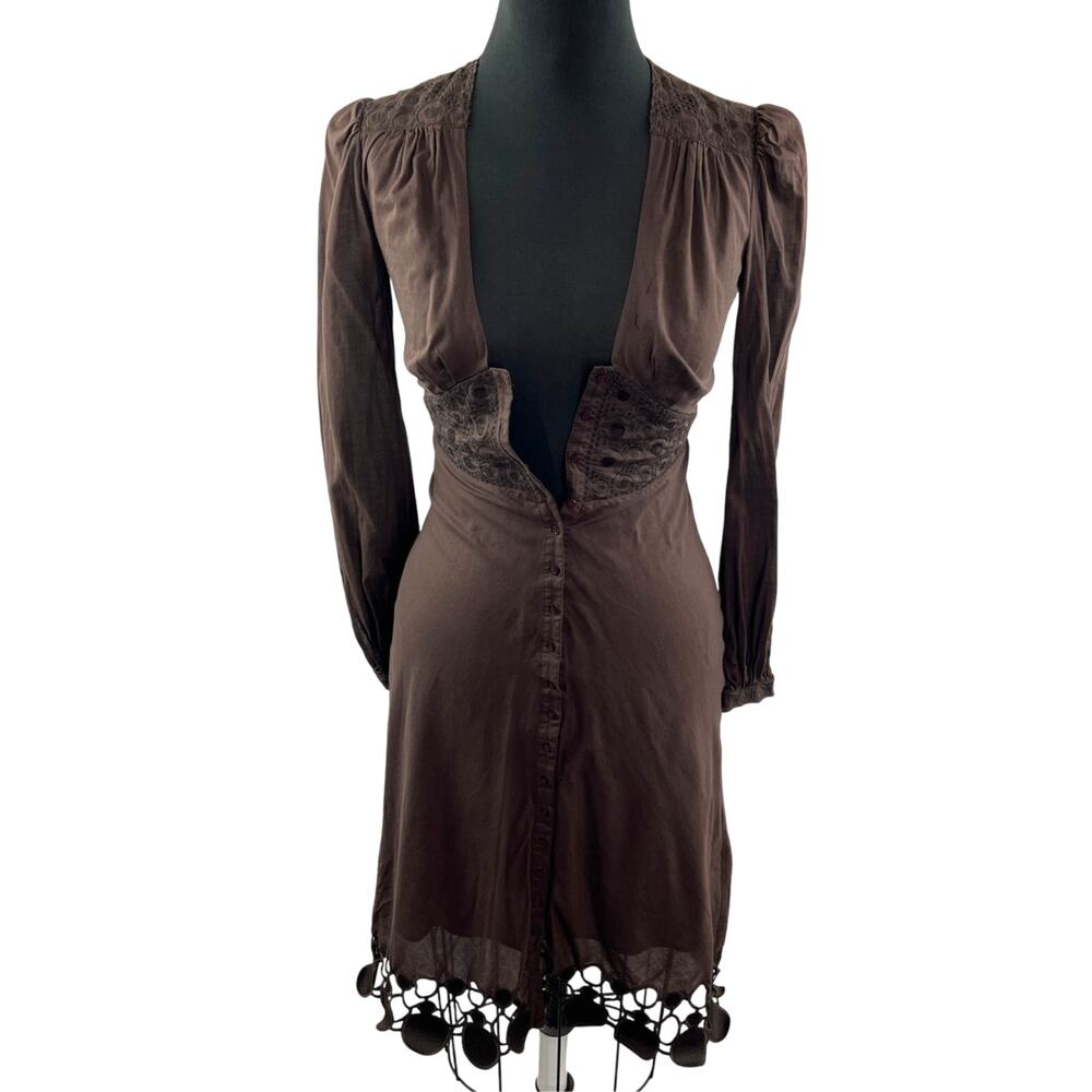 Y2K Gen Z Catherine Malandrino Brown Vintage Crochet Lace Button Down Dress Sz P
